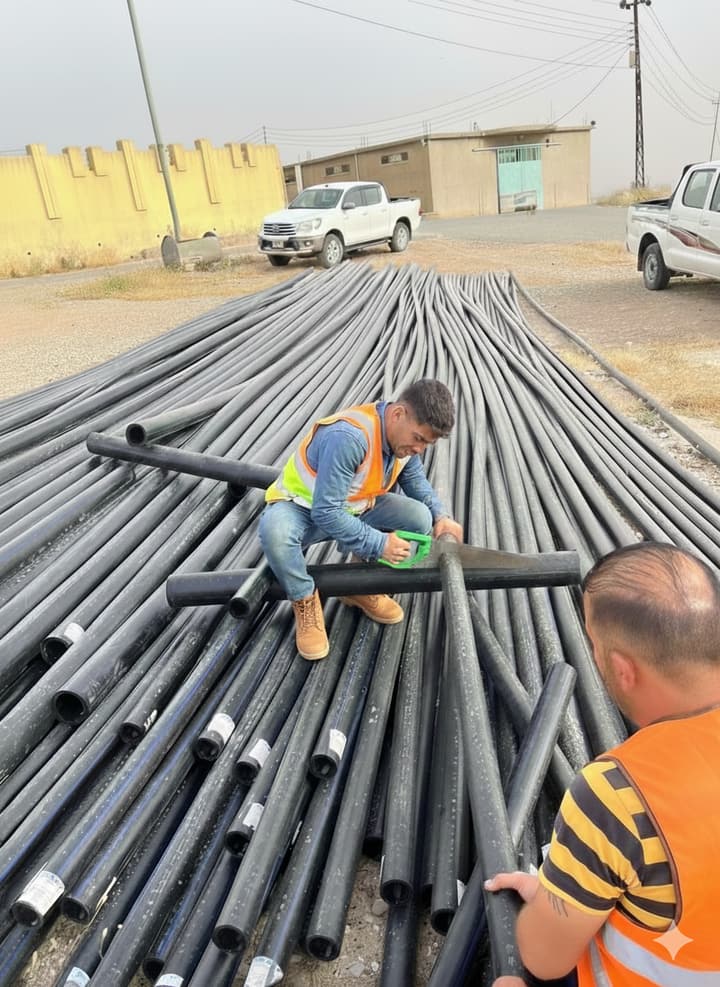 Workers installing pipe in a trench